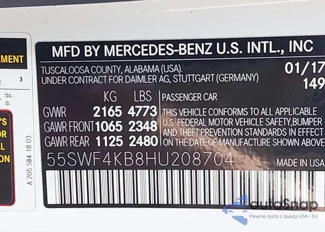 2017 Mercedes-Benz C 300 4Matic/Luxury 4Matic/Sport 4Matic z USA, uszkodzony, nr VIN 55SWF4KB8HU208704